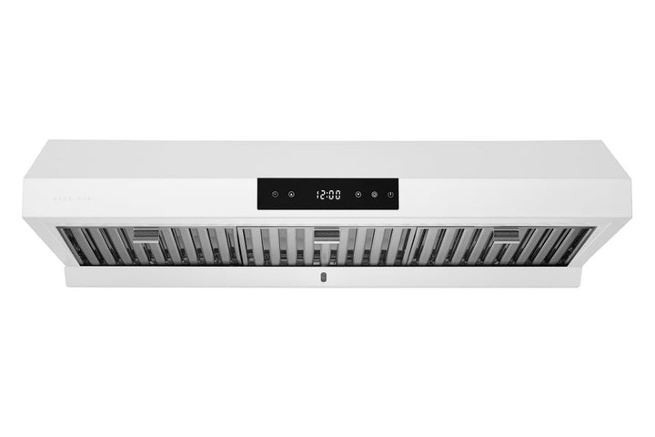 matte white under cabinet range hood with button feature and clock