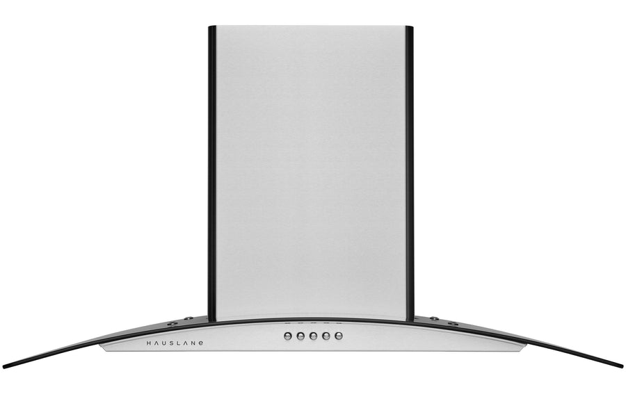 Stainless steel wall mount range hood with a curved glass panel and touch controls.